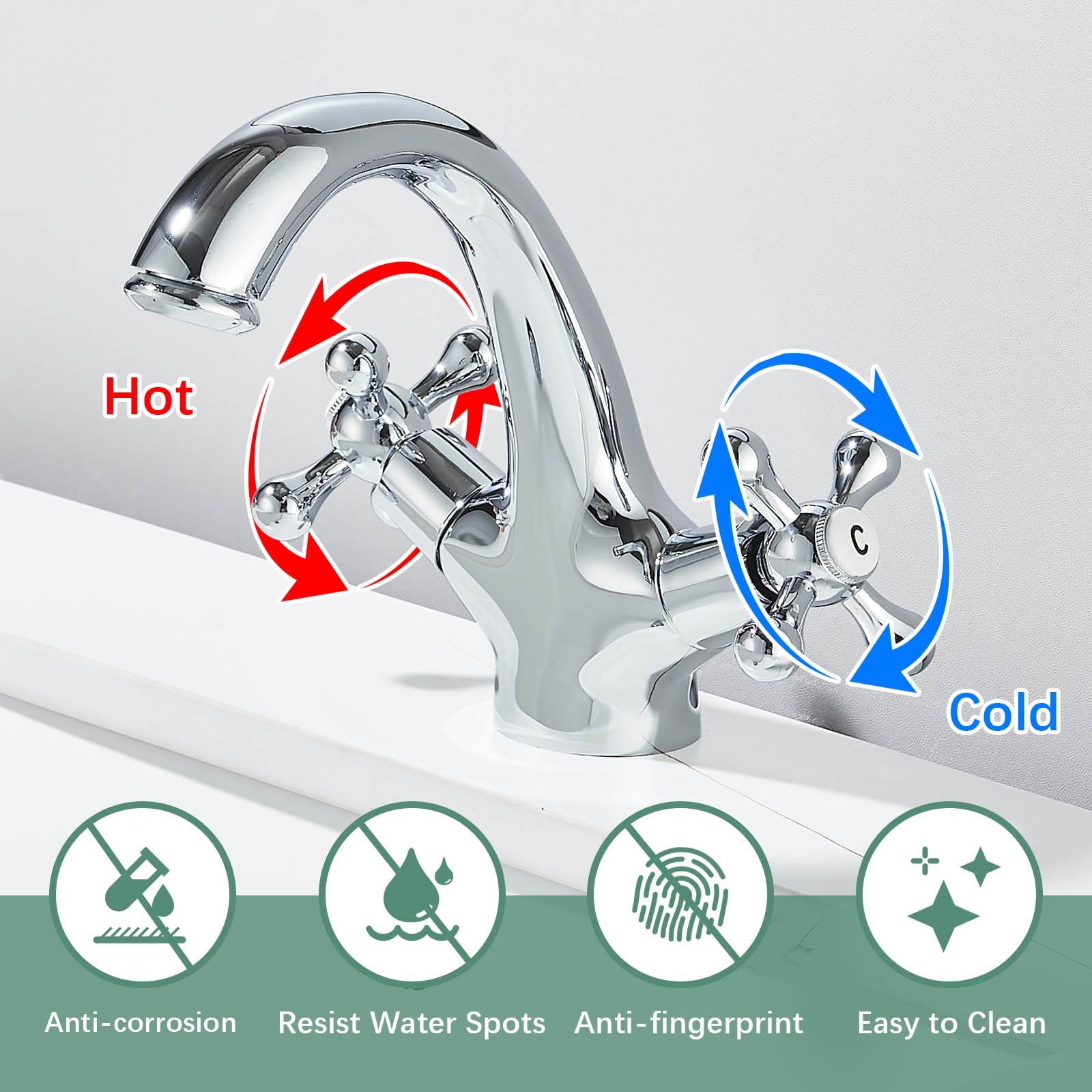 Rubinetto tradizionale vittoriano per lavabo, doppia maniglia a croce, rubinetto monoblocco per lavabo con scarico pop-up e tubi britannici, finitura cromata lucida anticata, beccuccio a