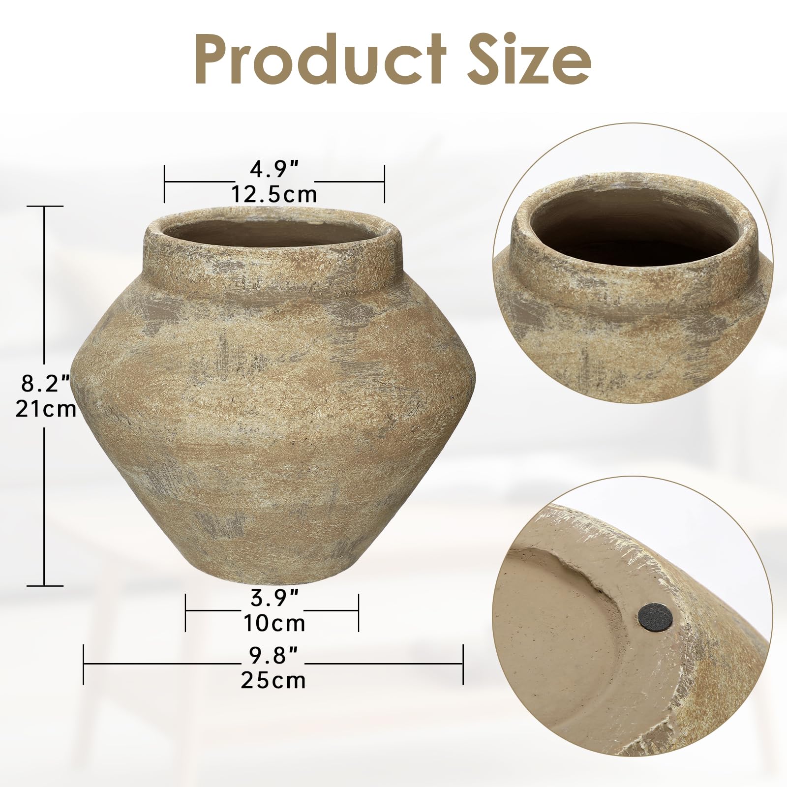Vintage Vase 21 cm Blumenvase Braun Dekovase Zement Vasen für Blume | Vasen für Pflanzen auf Tisch Schrank Vintage Rustikale Deko Antik Vase für Wohnzimmer Schlafzimmer Esszimmer Badezimmer Büro