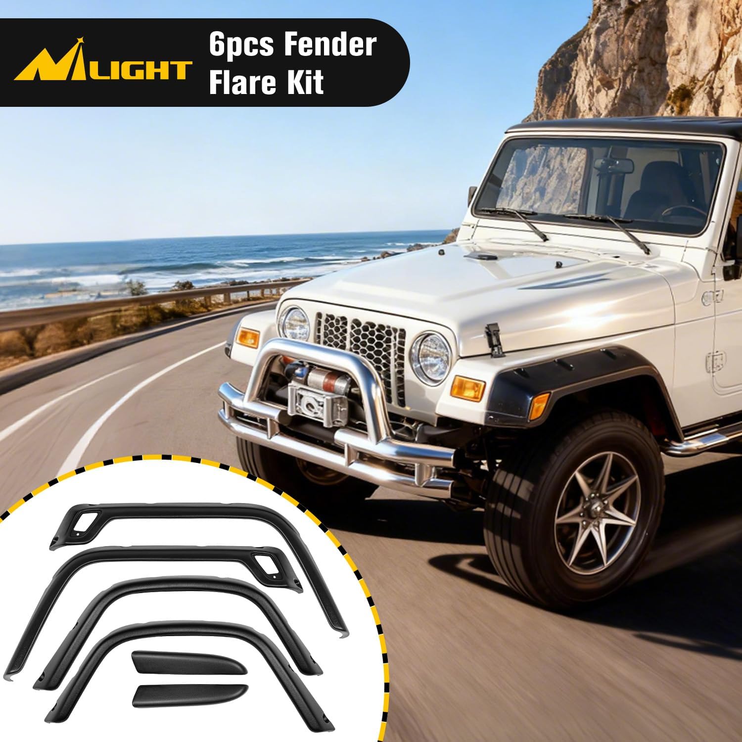Nilight Fender Flares Kit Fit for Jeep Wrangler TJ 1997-2006 1998 1999 2000 2001 2002 2003 2004 2005 Front&Rear 6" Wide Wheel Fender Flares Cover Factory Style Automotive Fender Flare Set, 6Pcs