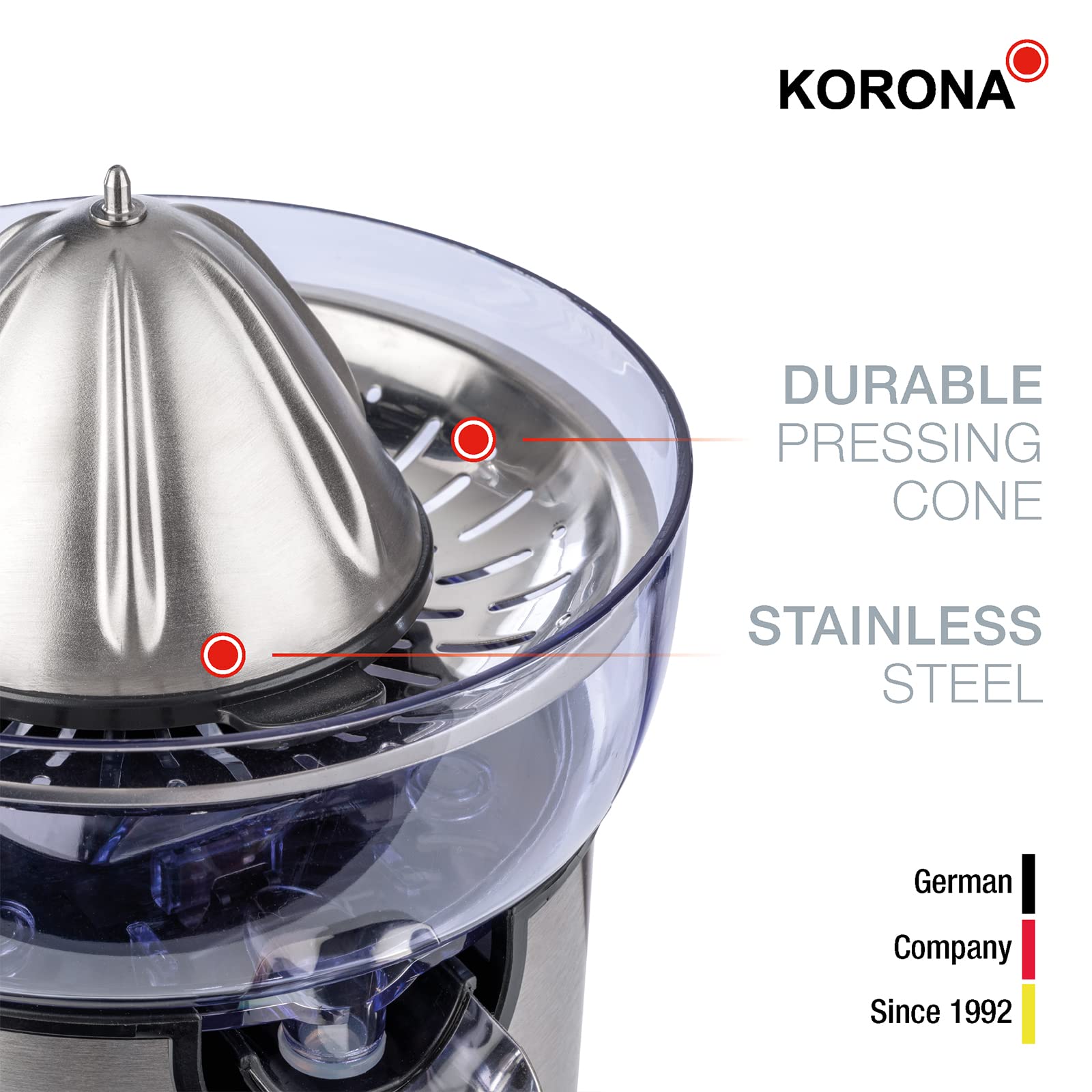 Korona 27050 Zitruspresse | Hochwertiges Edelstahlgehäuse | Ergonomischer Hebelarm | Mühelos bedienbar | 130 Watt | Ausgießer mit praktischem Tropf-Stopp, Orange