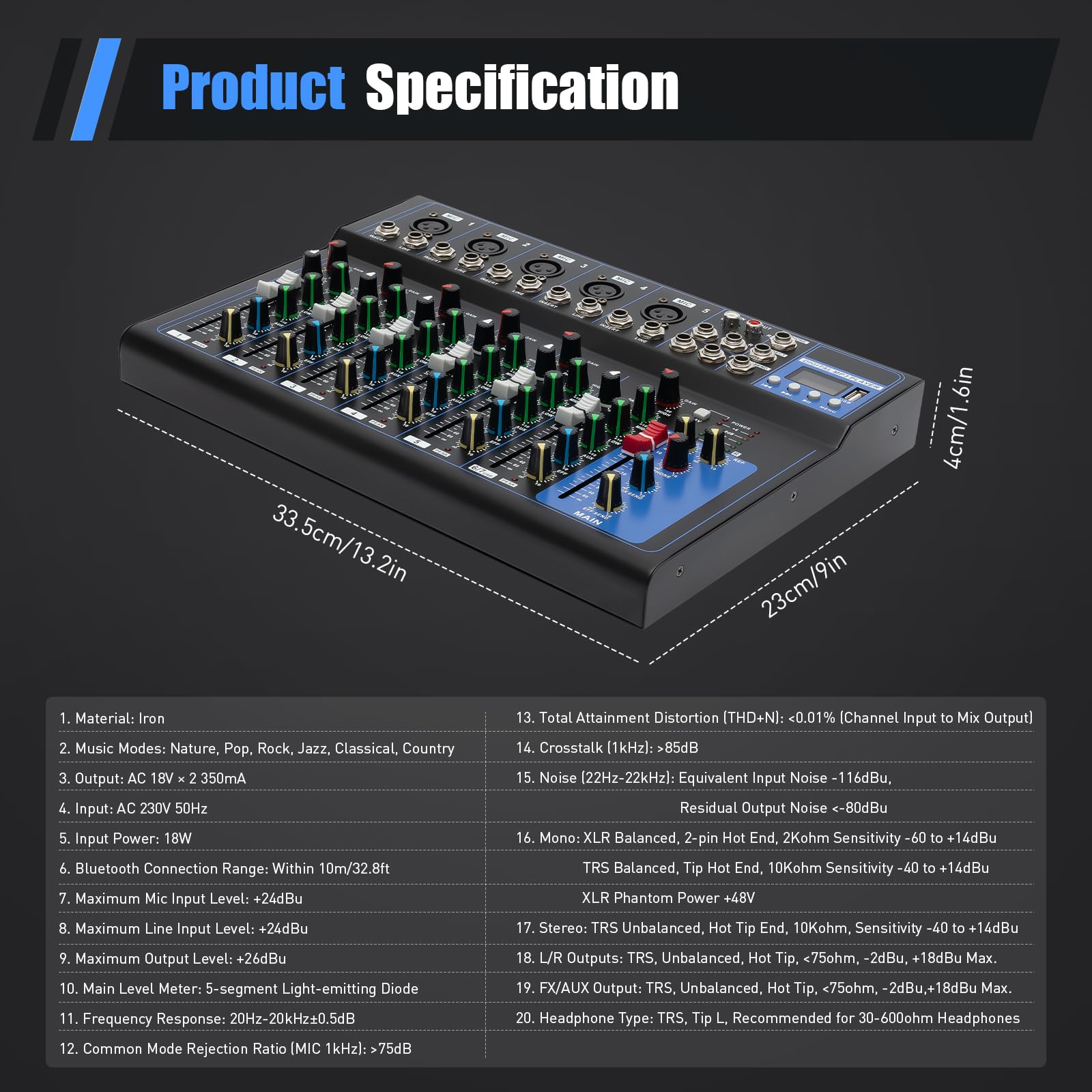 Table de mixage 7 canaux, table de mixage, enregistreur audio et USB, entrée micro 2, port USB, pour microphones, guitares, basses, claviers, mixeurs, instruments, etc