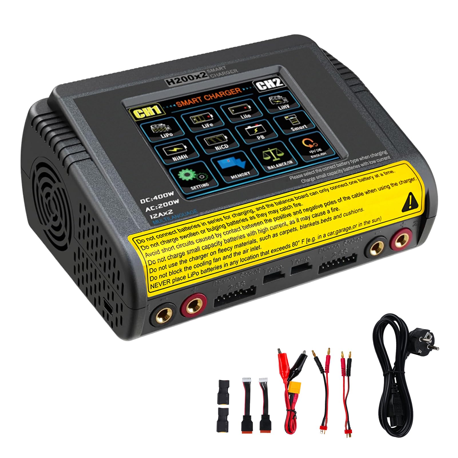 Lipo ladegerät T400 lipo Charger AC200W/DC400W 12A, lipo ladegerät Balancer Doppel-Entlade 3,2 Zoll Farb-Touchscreen Balancer entlader für LiPo/Lilon/Life/NiMH/NiCd/PB/NiMH