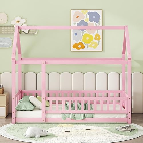 Miniatura 97 de Bellemave Cama Montessori de madera con valla y techo para niños, marco de cama individual para niños, niñas (individual, blanco)