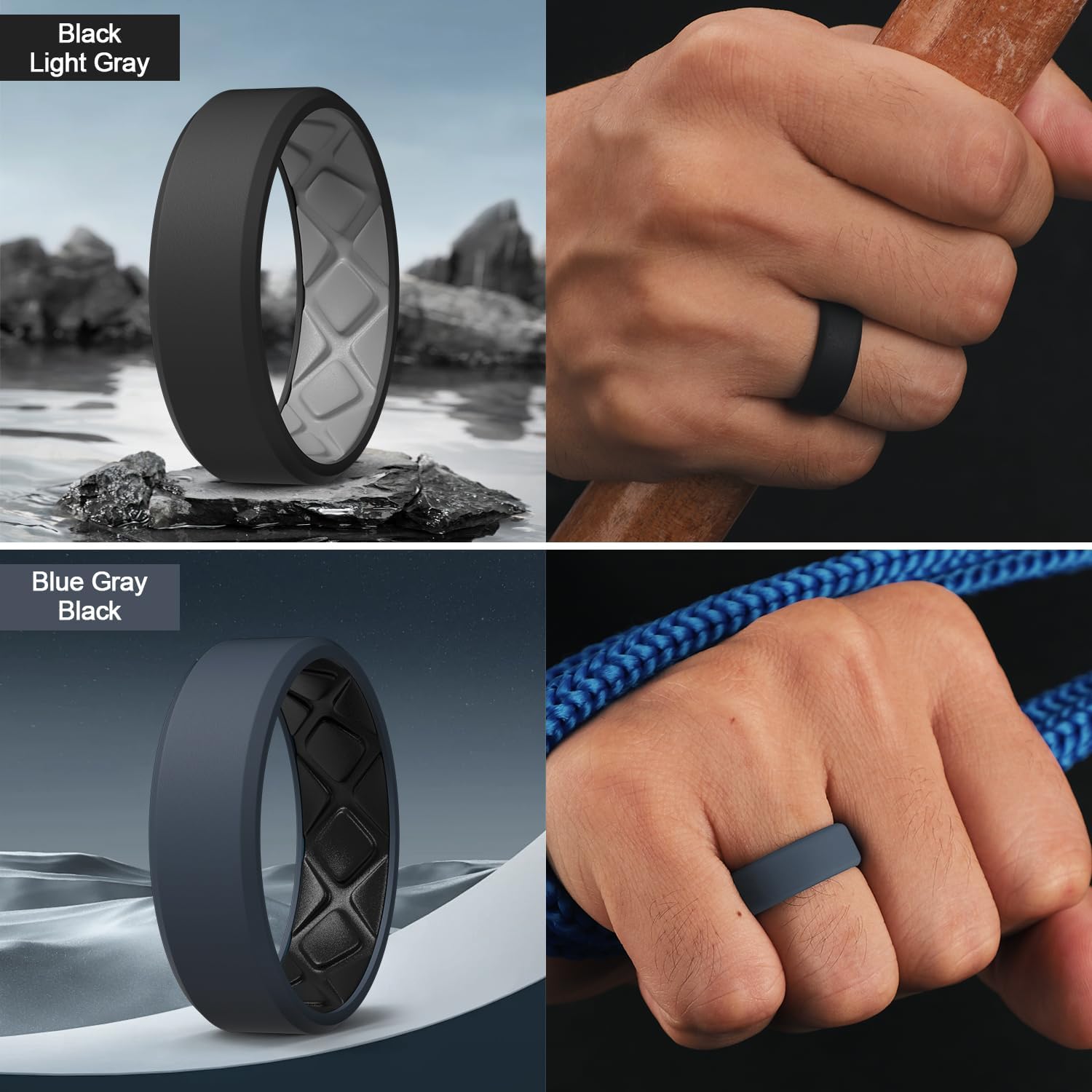 Egnaro Men's Silicone Ring, 7.5mm Wide Beveled Flexible Rubber Wedding Band