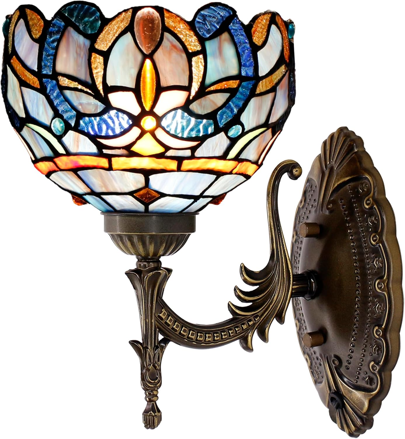 Tiffany Wall Sconce Lamp Stained Glass 8X10.5X11 Inch Plug in Wall Bedside Light for Hallway Bedroom (Blue Purple Cloudy Style)