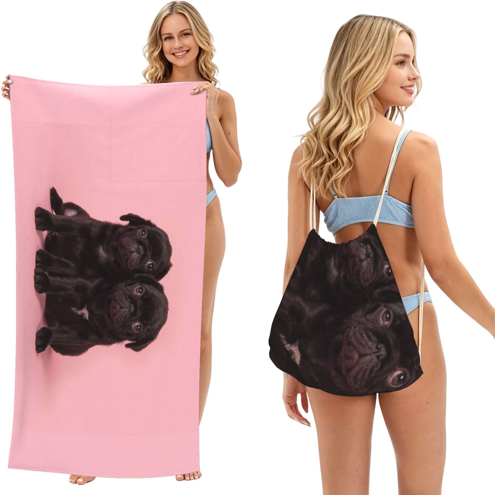WSHFFILO Cute Black Pug printed 2 in 1 Packable Towel Bag Bath Towel Beach Towel