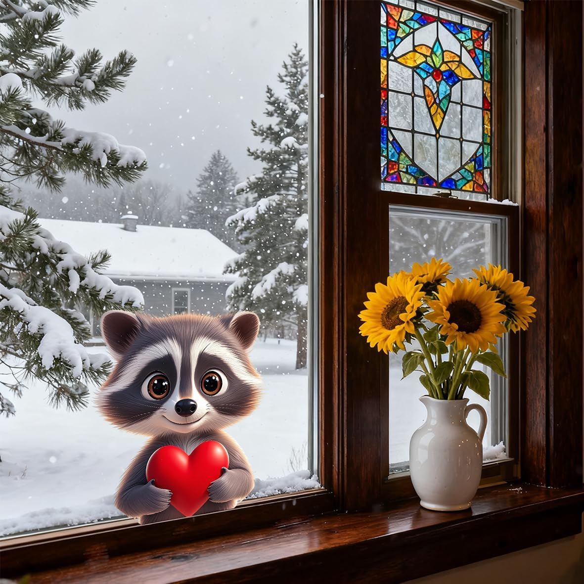 1pcs Cute Raccoon Window Sticker, Double - Sided Funny Animal Decals for Cars, Raccoon Lover Window Cling for Farmhouse Classroom Office Kids' Room (Raccoon Heart) image 5