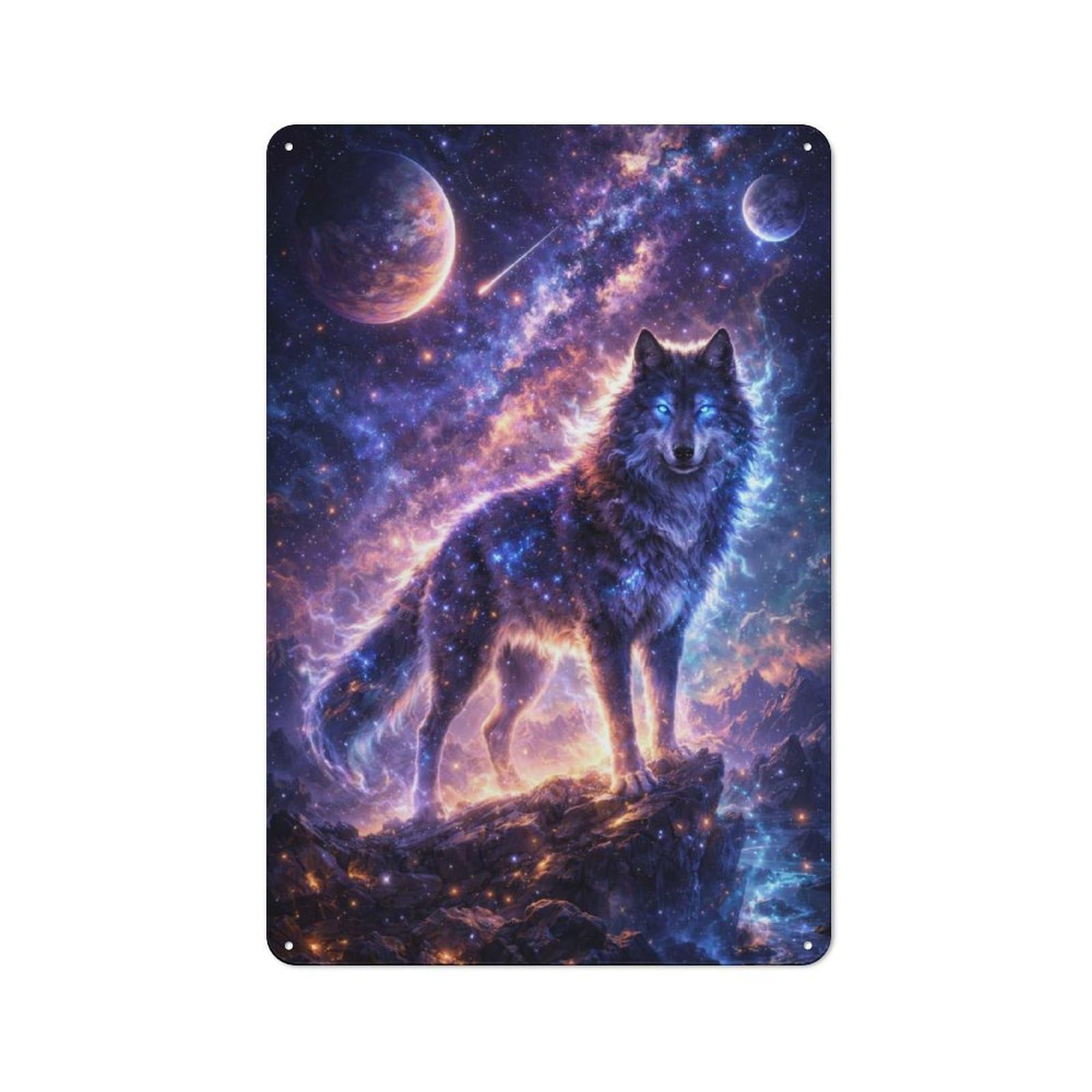 Shed Metal Sign with Cosmic Wolf in Nebula Design 30x20cm, Vintage Porch Wall Decor for Patio Bar, Workshop, Shed Or Kitchen