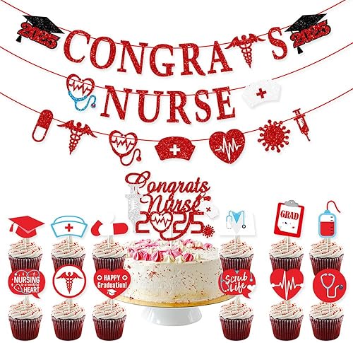 Miniatura 1 de Decoración de fiesta de graduación de enfermera, decoración de fiesta de graduación 2025 con purpurina roja para el día de la enfermera, pancarta de