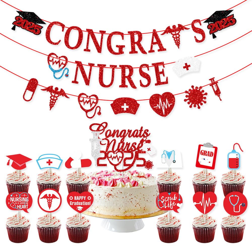 Nursing Graduation Party Decorations - Class Of 2025 RN Banner, Glitter Congrats Nurse Banner Set