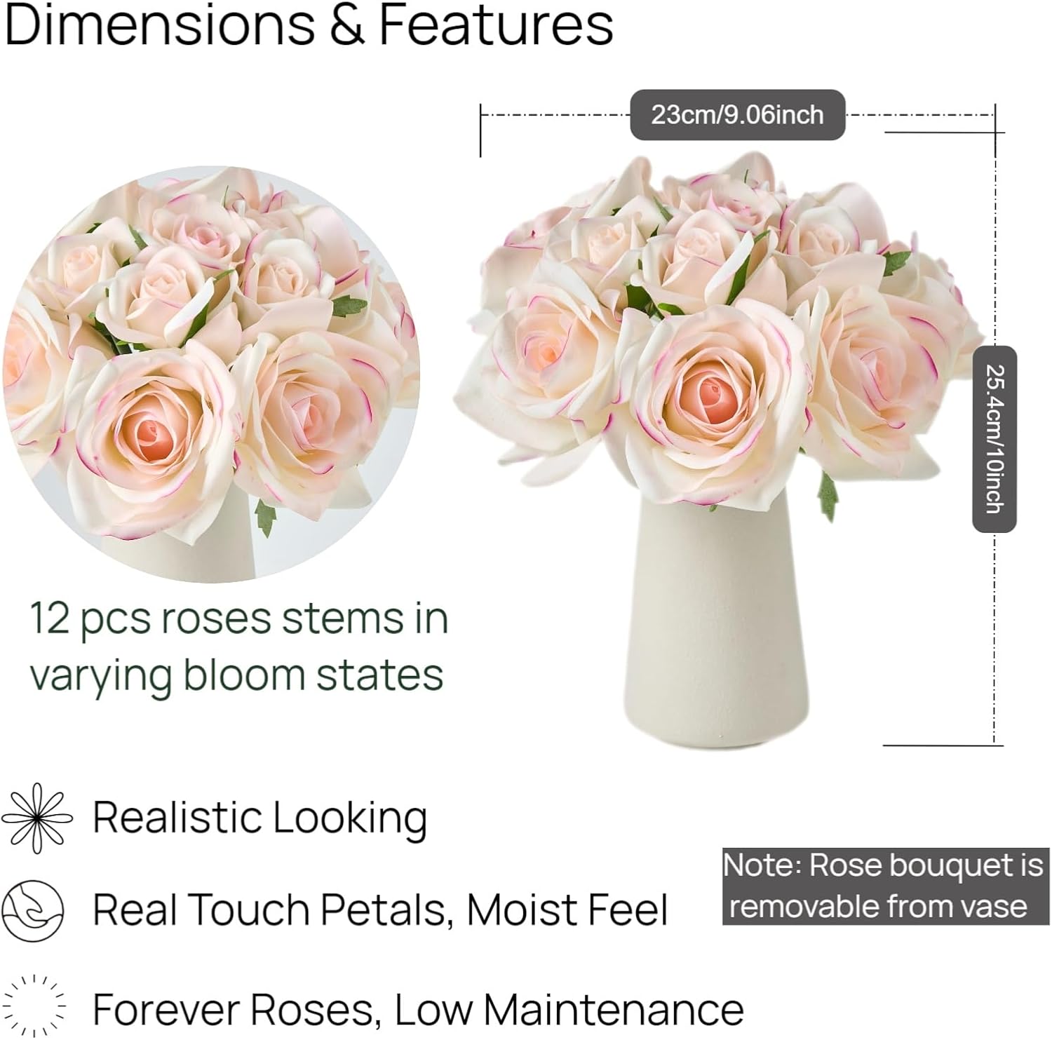 Avoeco 12-Piece Faux Real Touch Rose Bouquet in Ceramic Vase, Fake Flowers in Vase, Artificial Flowers for Home, Wedding, Bridal Bouquet, Party & Dining Table Centerpiece Decor (Pink Edge, 10" High)
