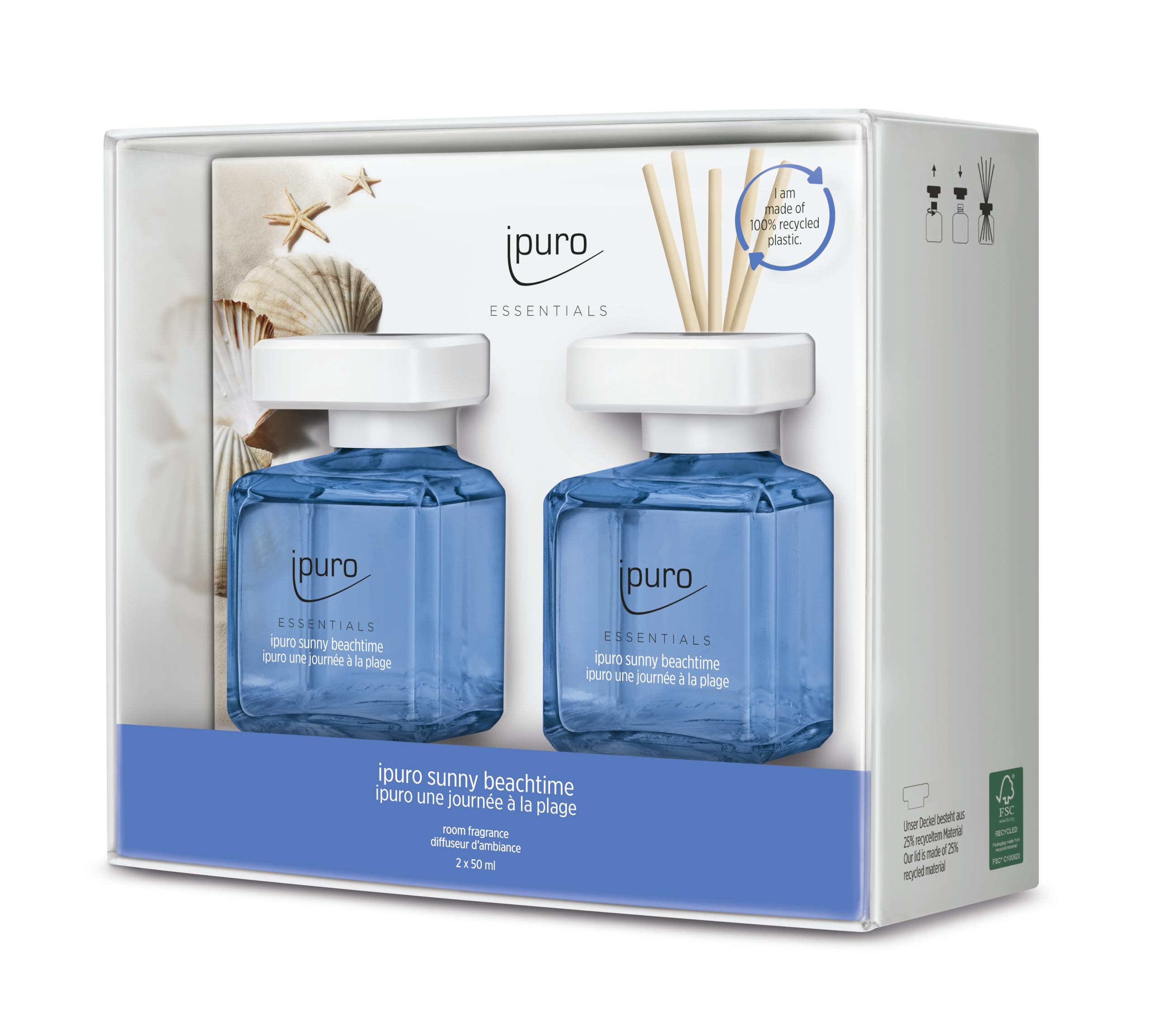 ipuro - Essentials Sunny Beachtime Room Fragrance 2 x 50 ml | Room Freshener with Grapefruit, Lemon & White Musk Fragrance Aroma | Diffuser with Sticks | Air Freshener for the Home