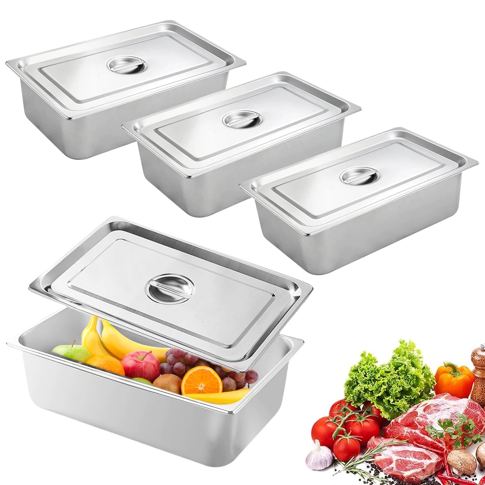 PORFOYO Juego de 3 recipientes gastronorm de acero inoxidable para empanar con tapa, calles de empanado rectangulares, recipientes para la cocina, apilables (GN 1/3, recipiente 32,5 x 17,5 x 6,5 cm)