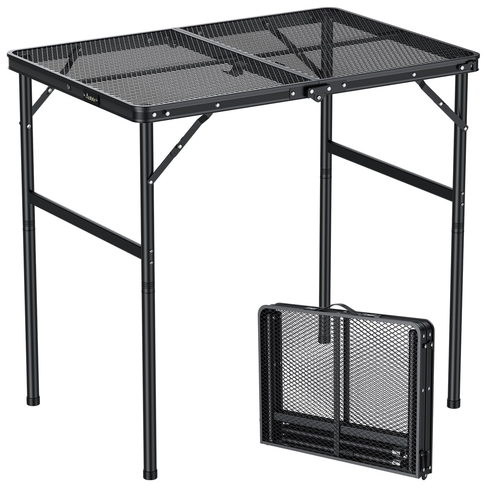 Anbte Portable Grill Table Max 29.5", 2 Adjustable Heights Folding Camping Table with Heat-Resistant Mesh Tabletop &Portable Handle, Waterproof, for Cooking BBQ Outdoor Patio, 31" X 22", Black