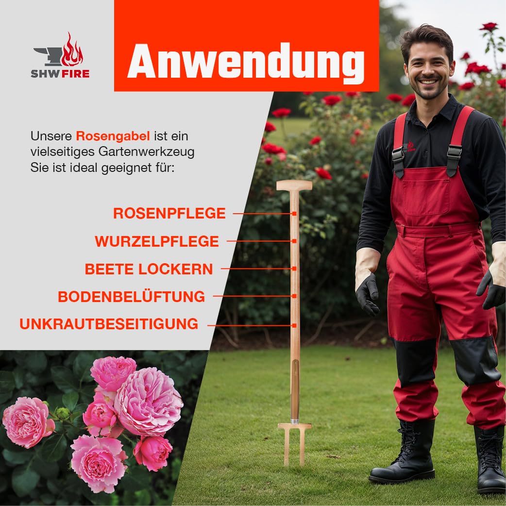 SHW-FIRE | Rosengabel mit 85 cm T-Griff aus Eschenholz – handgeschmiedete Bajonettzinken aus gehärtetem Stahl, ideal für Rosenpflege, Unkrautentfernung & Bodenbelüftung | Made in Germany