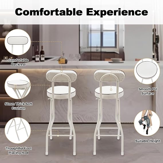 2PCS Folding Bar Stool with Backrest, Tall Folding Chair Counter Height Foldable Chairs Tall Bar Collapsible Stools for Adults Kitchen Guitar Shop Cafe Barstools (White)