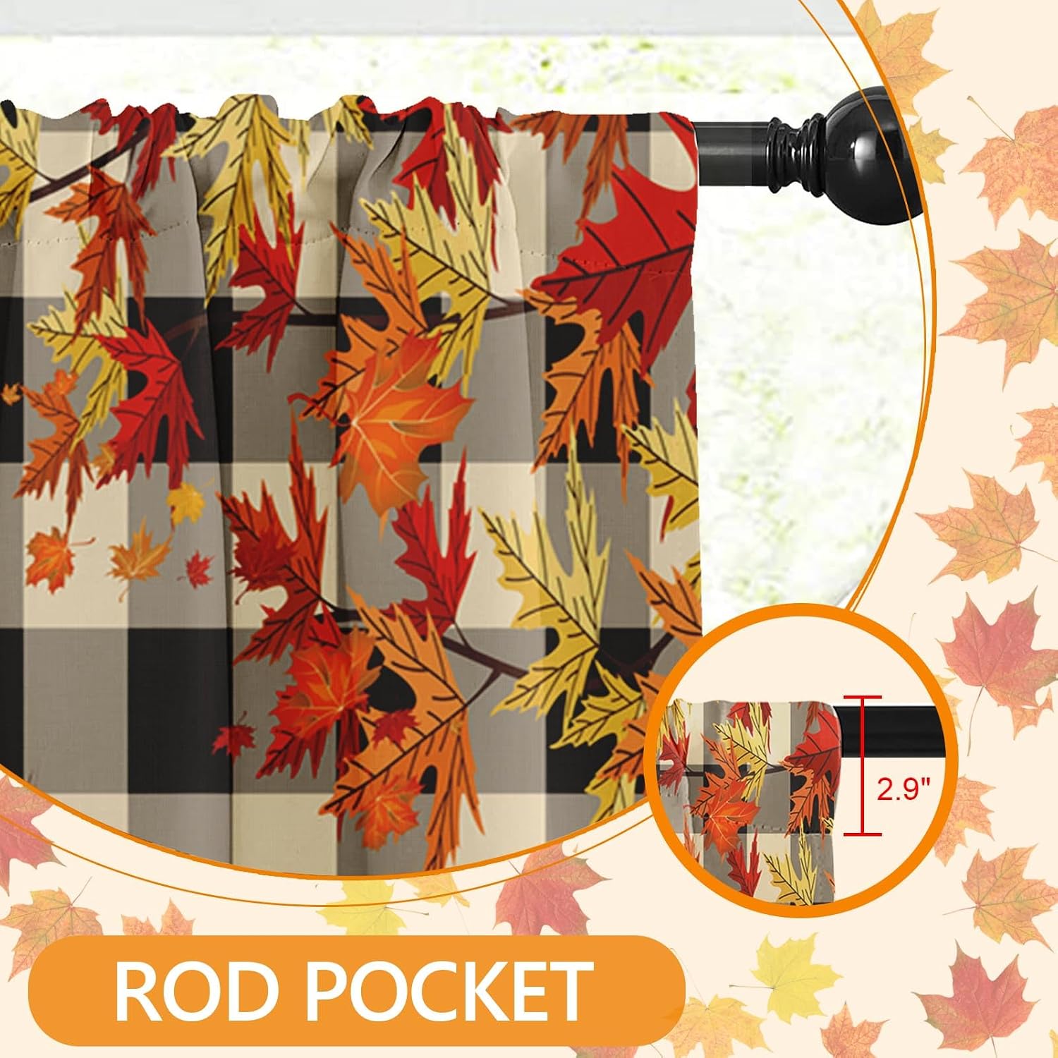 Fall Valances for Windows, 2 Pack, 52x18 Inch, Pumpkins Plaid