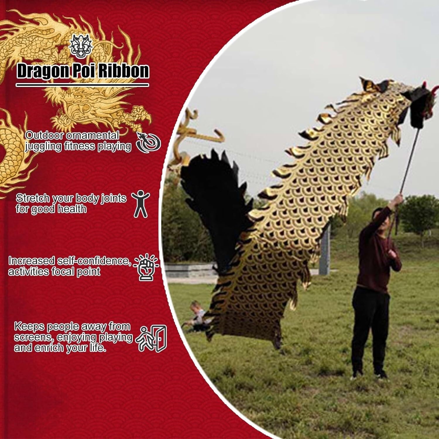 TFG - Ttfd Black Gold Printed Dancing Dragon Flag, Dancing Dragon Flag Outdoor Toys, Floating Dragon Dancer with Scales(10 m (33 ft))