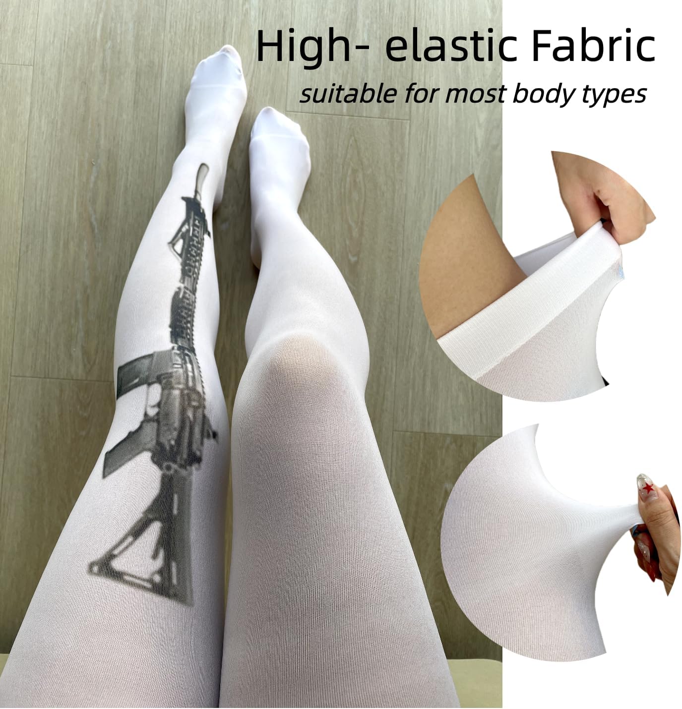 Y2K Gun Print Sheer Tights for Women – Gothic Punk Rock Cosplay Stockings, White Sheer Emo Grunge Legwear