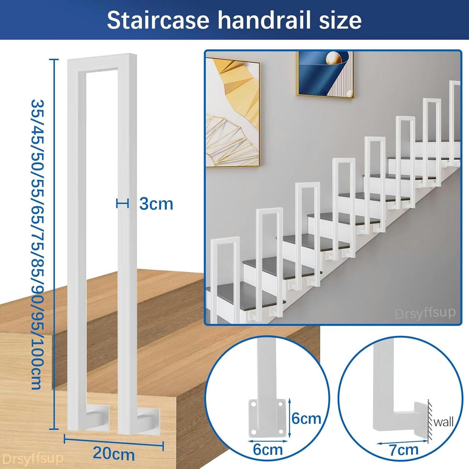 Metalowa balustrada schodowa, 35-100 cm, biała, ocynkowana rampa na 1 stopień, do użytku wewnątrz i na zewnątrz, balustrada schodowa 50 cm