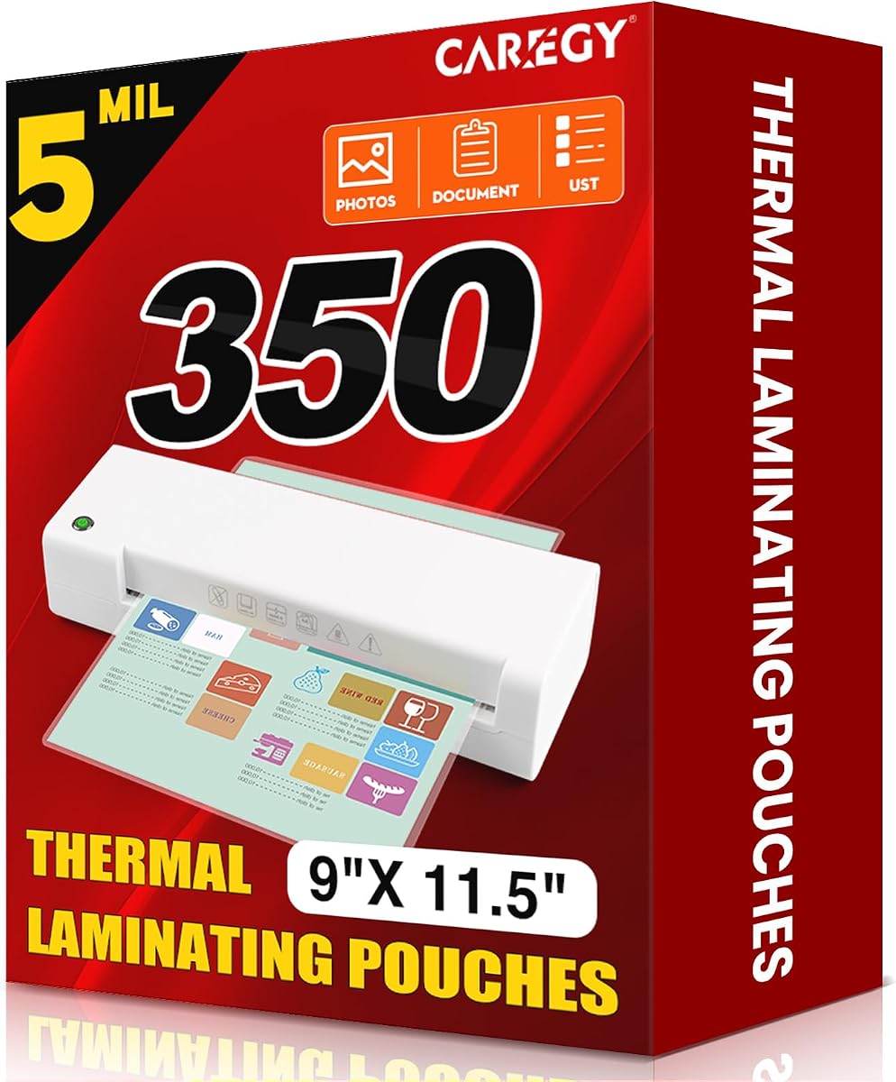 CAREGY Thermal Laminating Pouches,350 Pack Laminating Sheets, 5 Mil | 9 x 11.5 Inches Lamination Sheet Paper for Laminator, Round Corner Letter Size, Office and School Supplies