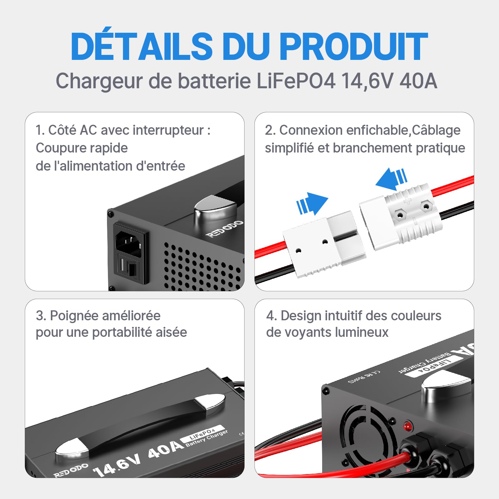Redodo 14,6V 40A Batterie LiFePO4 Chargeur, Chargeur Dédié pour Batteries Lithium, Poignée Améliorée, Conception Compacte et Durable avec Protection Complète, Idéal pour 12V Batteries LiFePO4