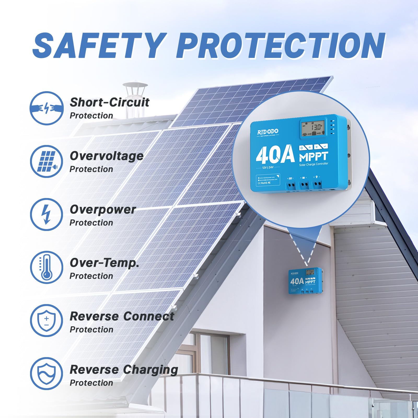 Redodo 40A MPPT 12V/24V Car DC Input Solar Charge Controller con Modulo Bluetooth Incorporato, Parametro Regolabile Display LCD a LED