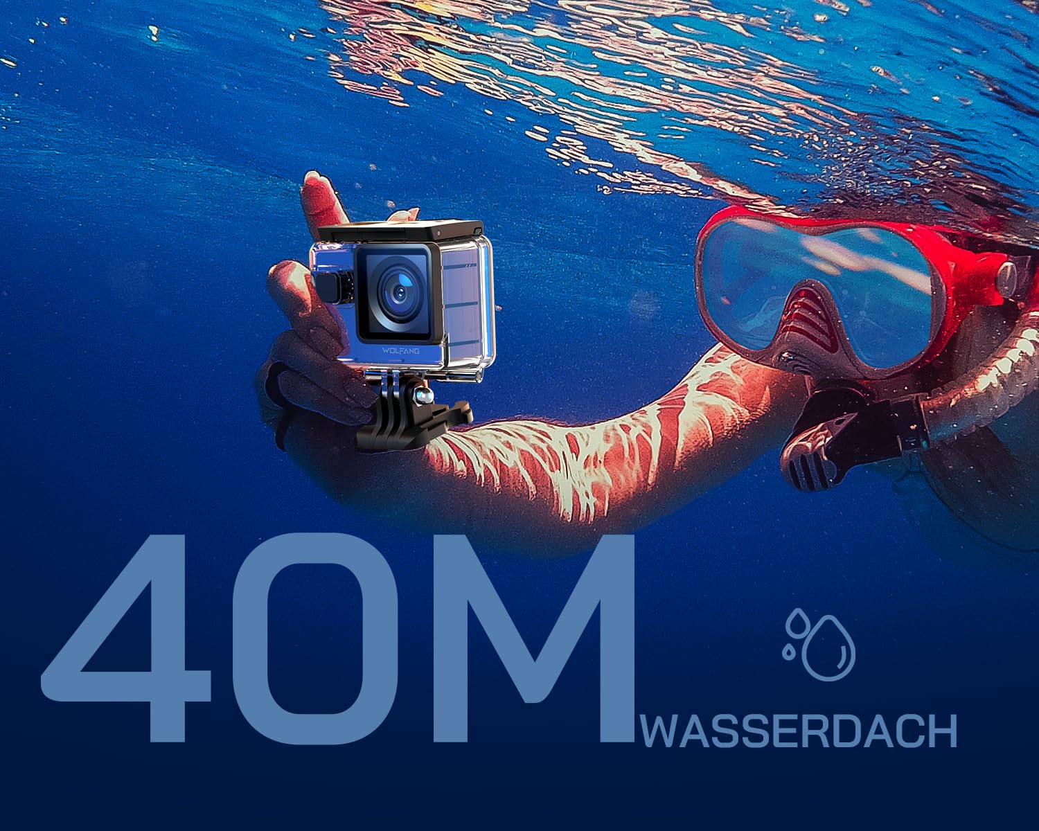 WOLFANG Action Cam,WiFi 4K 60 FPS Neue GA300 Actionkamera,8xZoom 24MP,Unterwasserkamera 40 Meter mi,Dual-Mikrofonen,170° Weitwinkel Verbesserter,EIS 2.4 G Fernbedienung,2 x 1350 mAh Akkus,Touchscreen