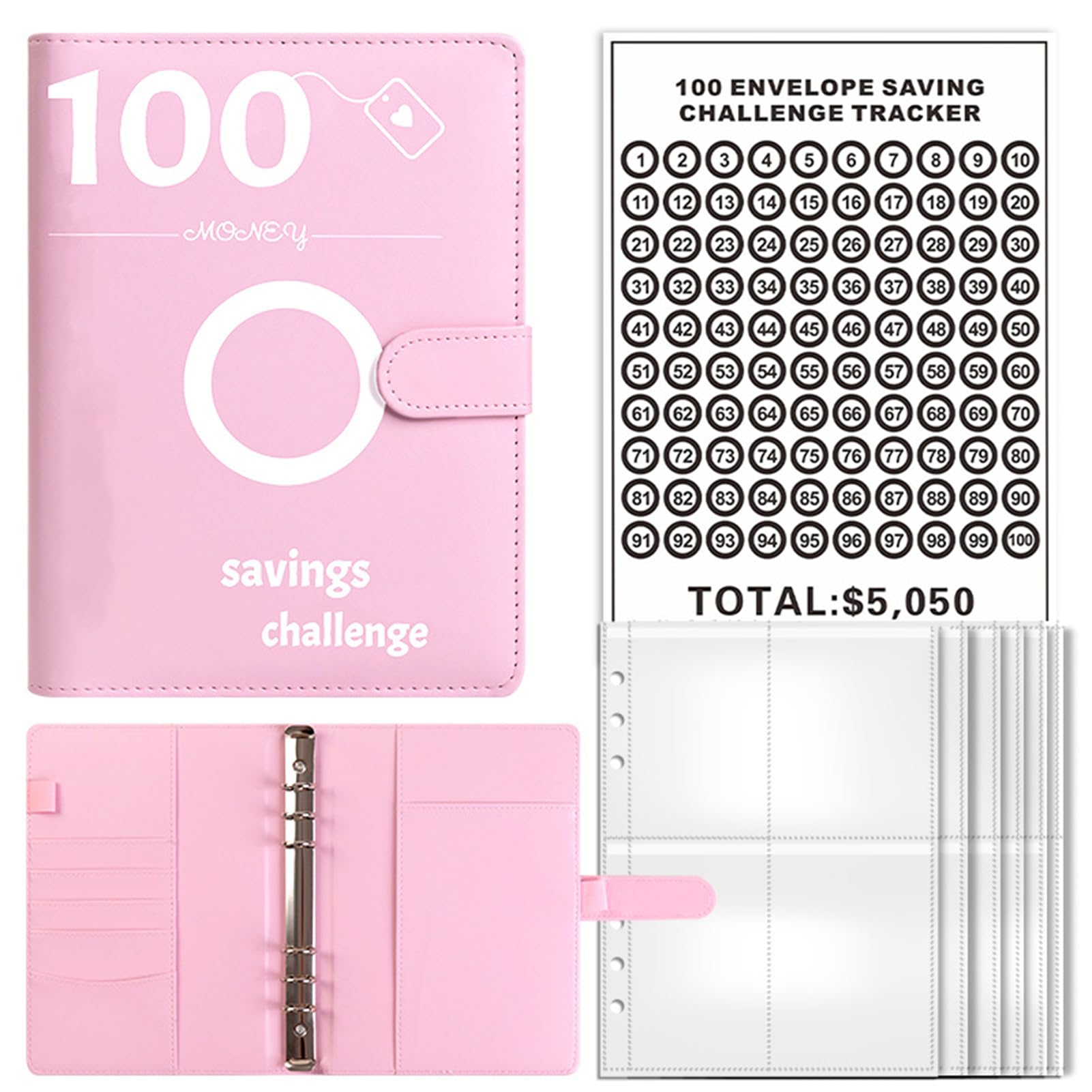 HUNYA 100 Envelope Challenge Binder, 5 Savings Binder with Cash Envelopes, Money Saving Wallet Binder, Envelope Saving Challenge, for Budgeting and Money Saving
