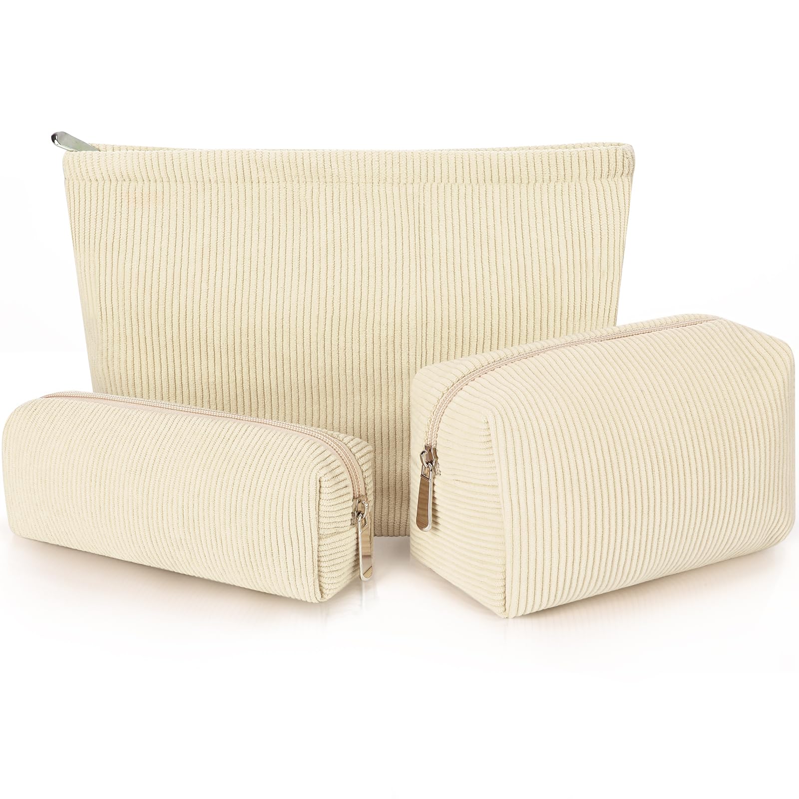 RUMIA3 Pack Corduroy Cosmetic Bags, Makeup Cosmetic Travel Bags Cute Makeup Bags Cosmetic Makeup Pouch With Zipper Preppy Skincare Bags Washable Portable Toiletry Organizer for Women Girls (Beige)