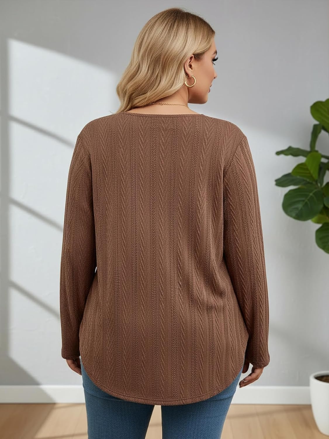 Women's Plus Size Crew Neck T Shirts Fall Long Sleeve Curved Hem Dressy Casual Tops - Image 2