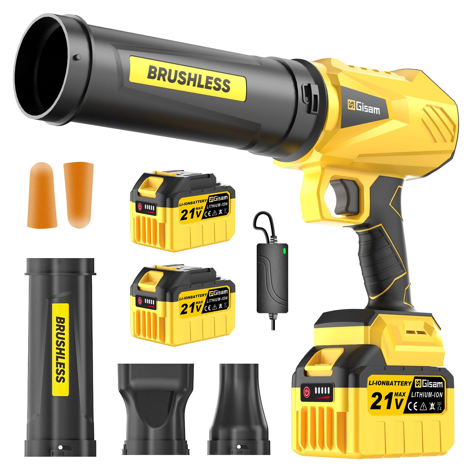 Soplador de hojas inalámbrico, motor sin escobillas con 2 baterías de 6,0 Ah, hoja Blower Max 900000 RPM, volumen de aire 800 m³/h, 3 boquillas, 1,82 Lbs ligero, ideal para hojas, nieve, polvo