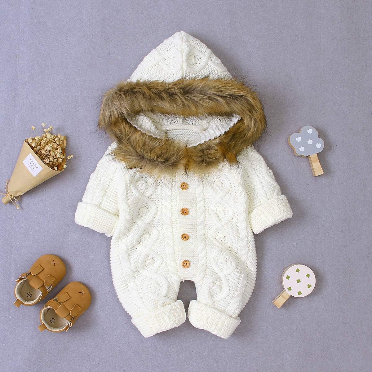 Bestgift Infant Baby Boy Girl Sweater Jumpsuit Faux Fur Hoodie One-Piece Romper