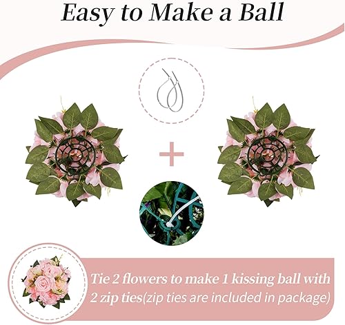 Miniatura 4 de BLOSMON Centros de mesa de boda de bola de flores falsas, 2 piezas de 9.5 pulgadas, rosas artificiales, decoración para mesa, bola de besos de seda,