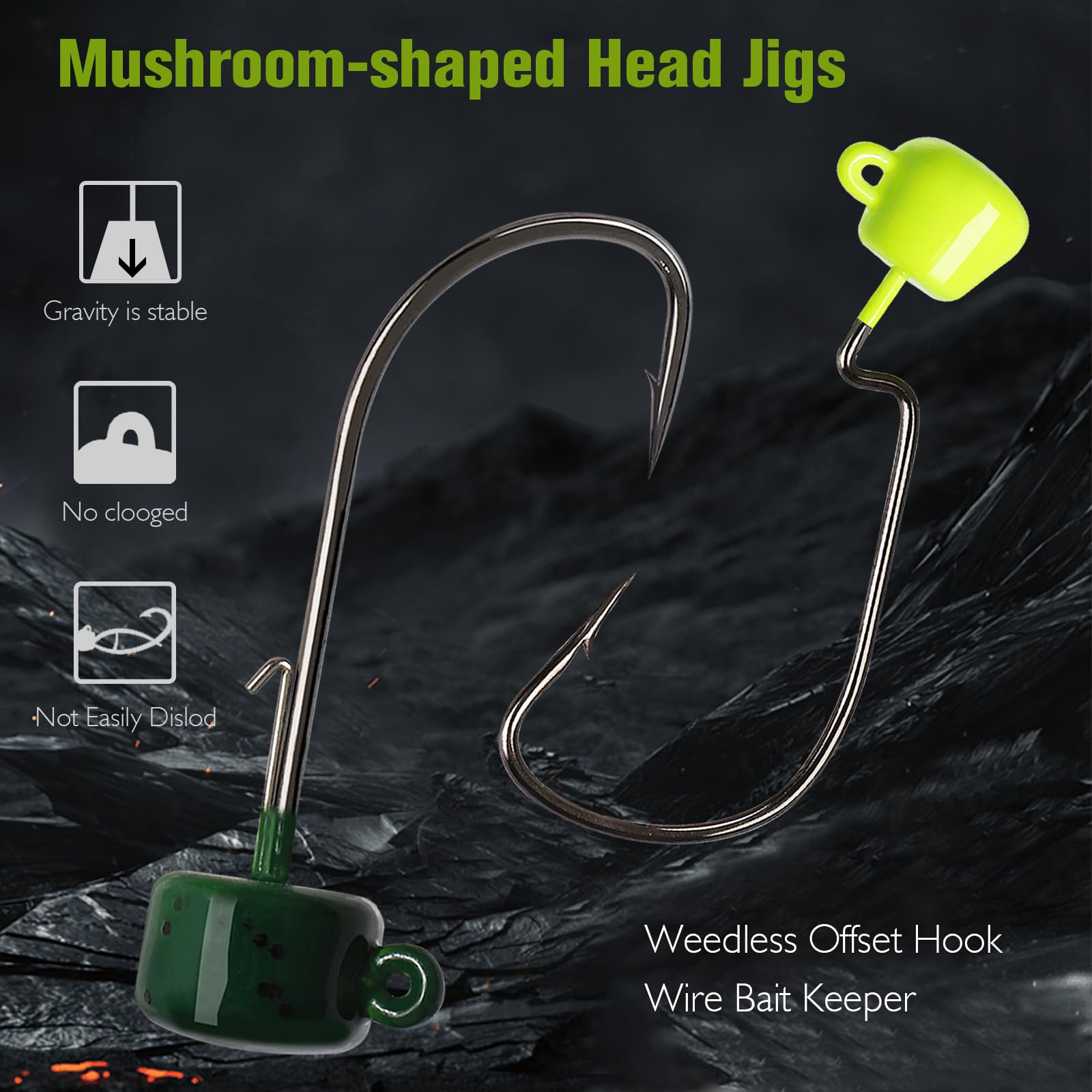 Dovesun 66pcs Ned Rig Jig Heads, Ned Rig Hooks with Soft Lures Kit Weedless Jig Head Floating Crawfish Lures Mushroom Jig Heads for Bass Fishing Ned Rig Kit