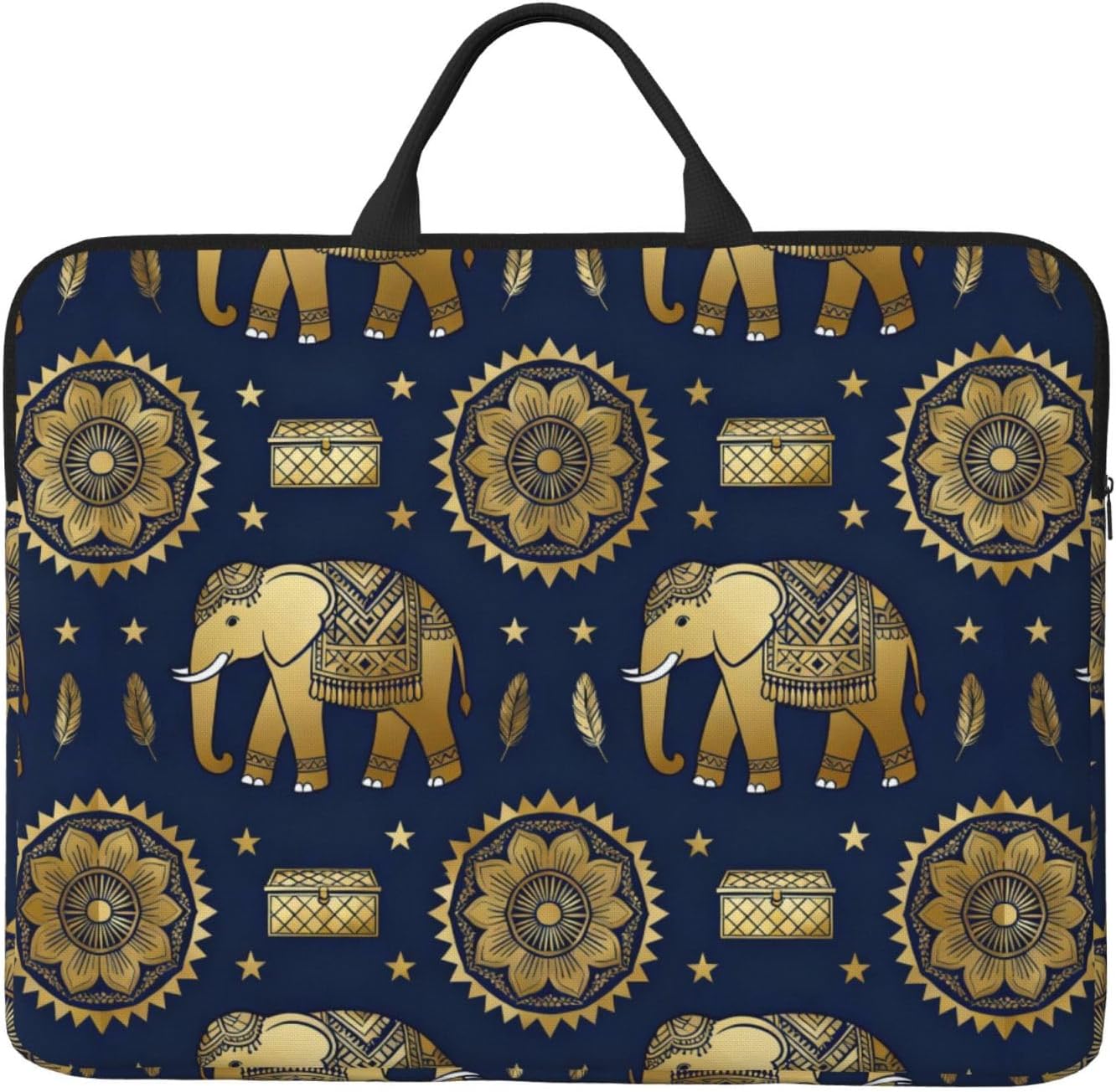 14 Inch Laptop Sleeve with Handle, Luxury Gold Elephant Mandala Navy Seamless Shockproof Water Resistant Notebook Carrying Case for Most Computers
