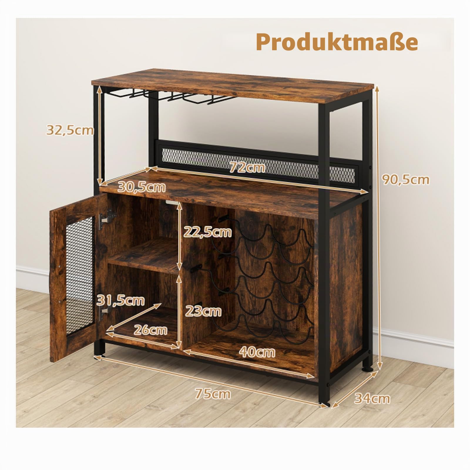 GIANTEX Weinschrank Barschrank Industrial, Weinbarschrank mit abnehmbarem Weinregal & 3 Glashaltern, Küche Hausbar Küchenschrank mit Metallgittertüren, Kommode Sideboard Buffetschrank 75 x 34 x 90,5cm