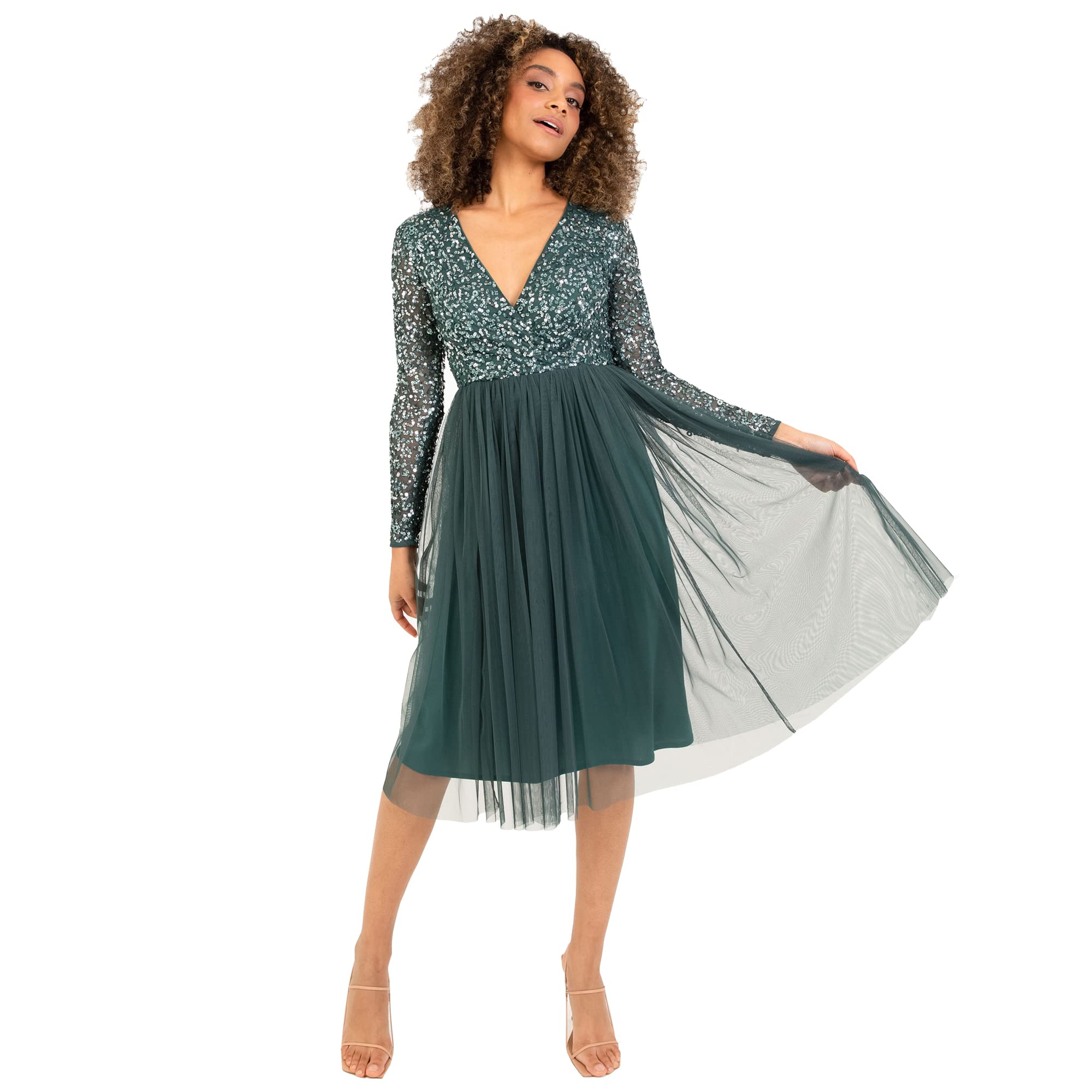 Maya Deluxe Damen Maya Deluxe Dames Dames Wedding Guest Midi Jurk Lange Mouwen Plunging Hals Sequin Embellished Gradua Brautjungfernkleid, Emerald Green, 42 EU