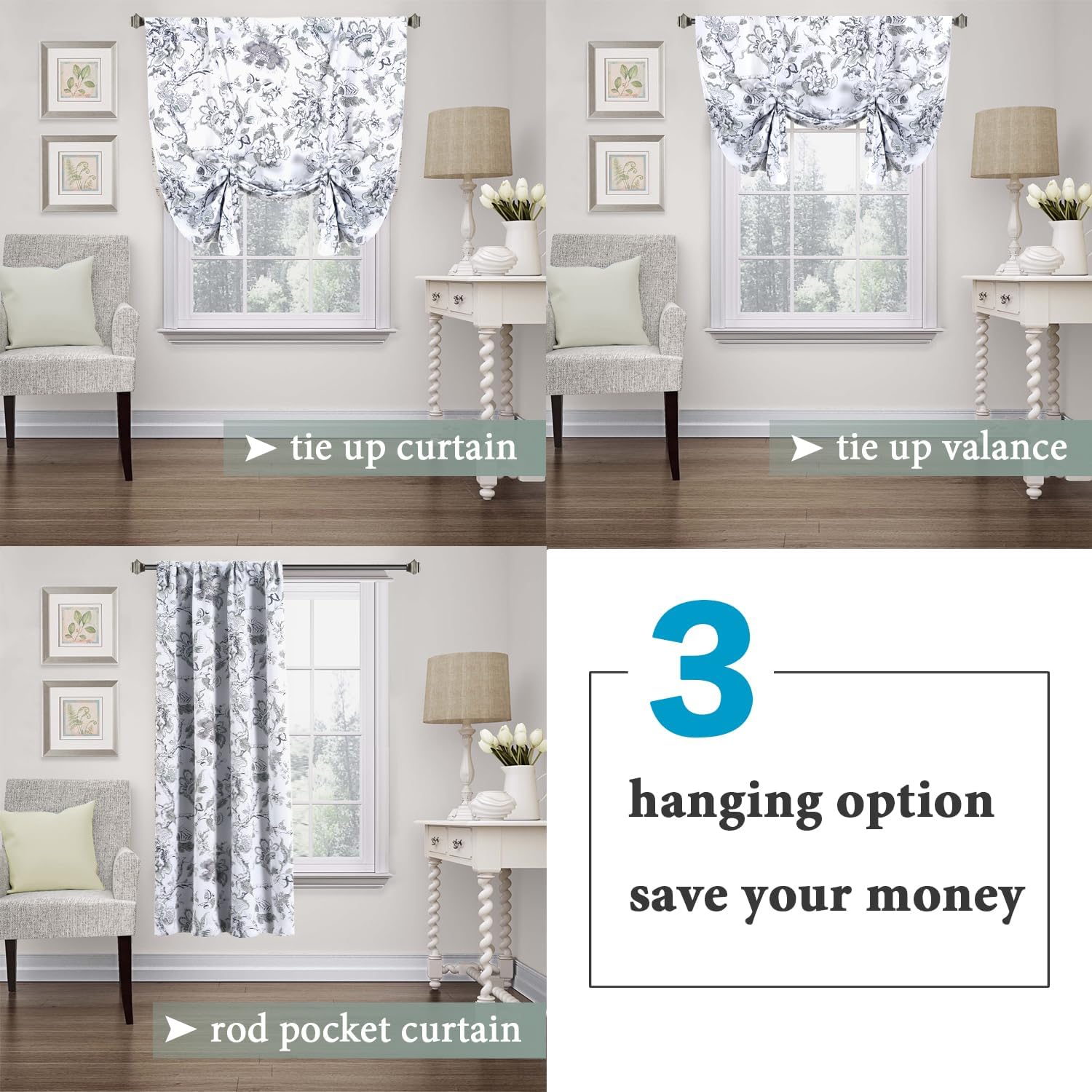 H.VERSAILTEX Thermal Insulated Blackout Curtain Adjustable Kitchen Tie Up Curtains Rod Pocket Panel for Small Window-42 Wide by 63" Long-Vintage Floral in Antique Green