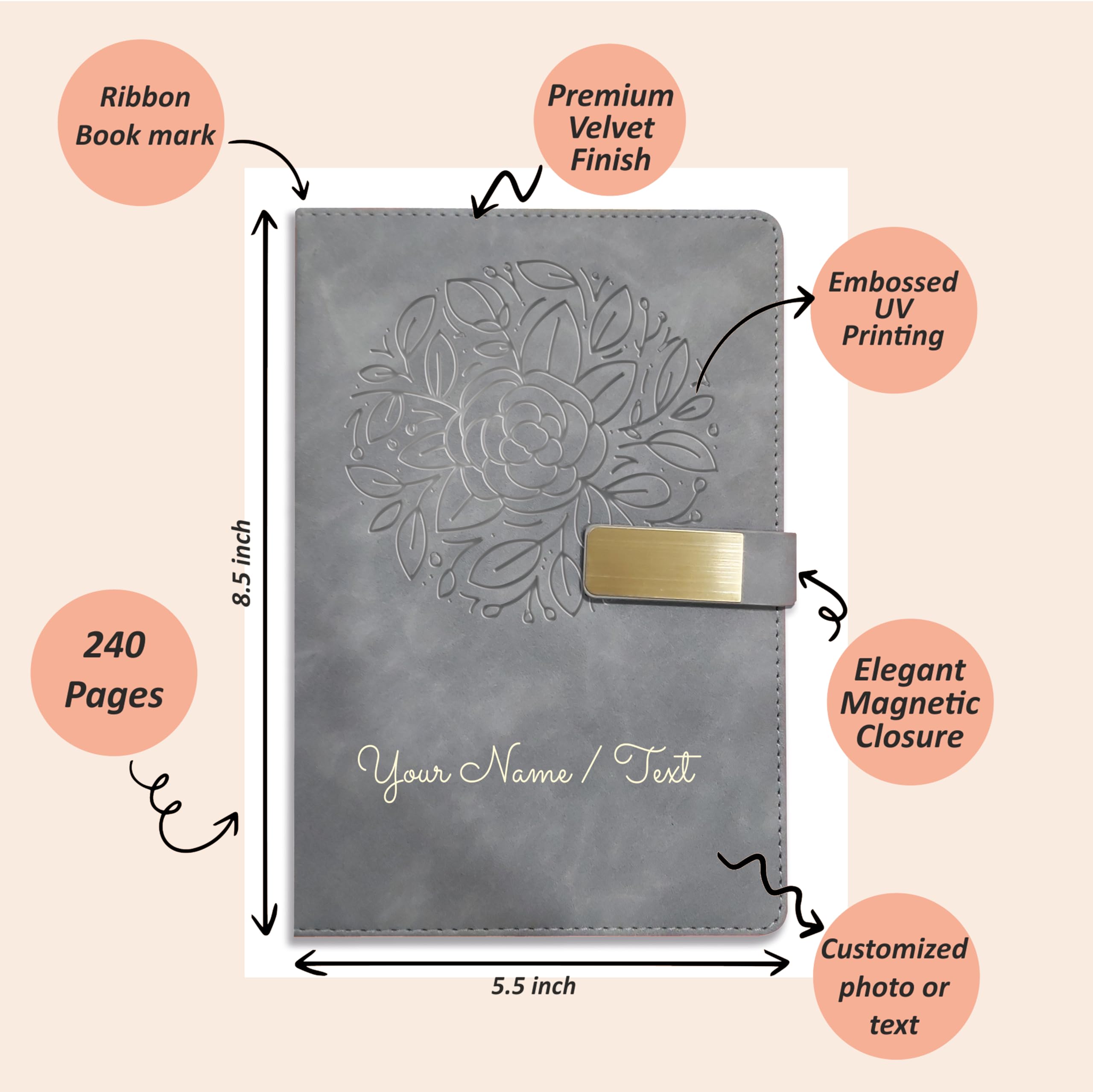 Brown Cloud Personalized Grey Velvet Finish Self design Leather Cover Notebook/Diary Ruled with Personalised/Customized Message/Quote/Name for Personal/Corporate Gift (GreyVLVT015) (1) 1
