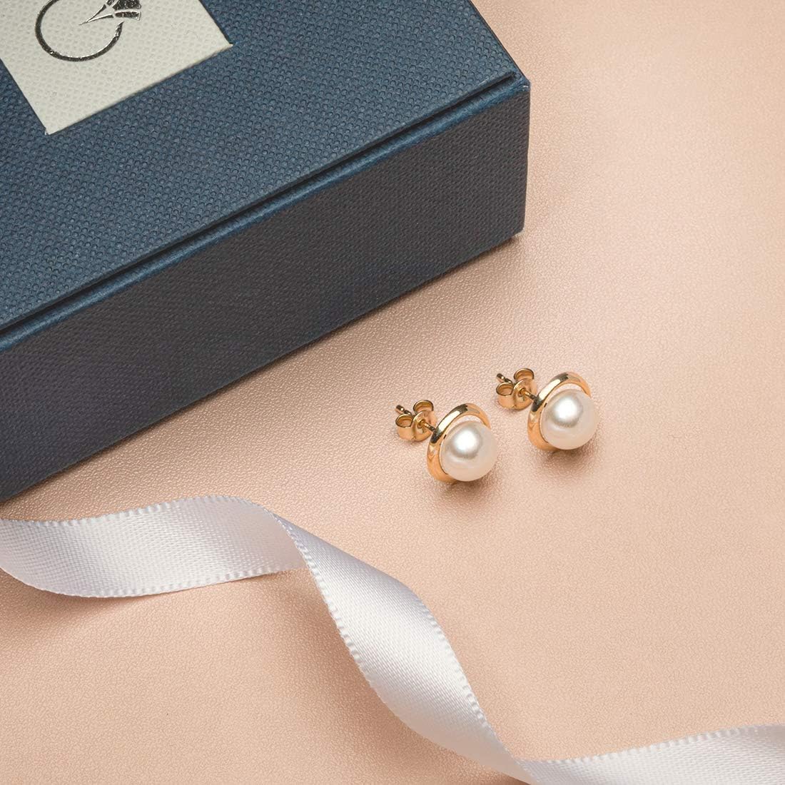 Peora Freshwater Cultured White Pearl Stud Earrings in 14K Yellow Gold, Round Button Shape, 7mm Swirl Solitaire, Friction Backs, Pearl Earrings Studs, June Birthstone