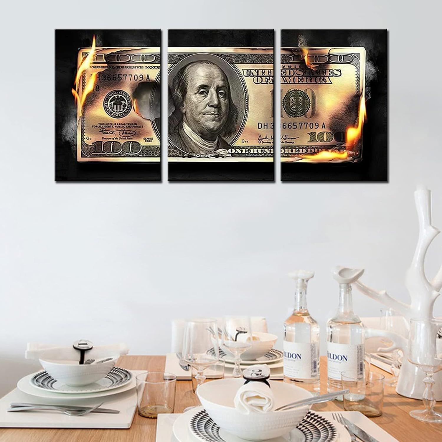 Canvas Wall Art Money Artwork Decor Dollars For Home Decor,3 pieces 100 Dollars Cash Money Collection for Mens Office Black and White Decorations for Living Room Framed Ready to Hang 42''x20'' - Image 2