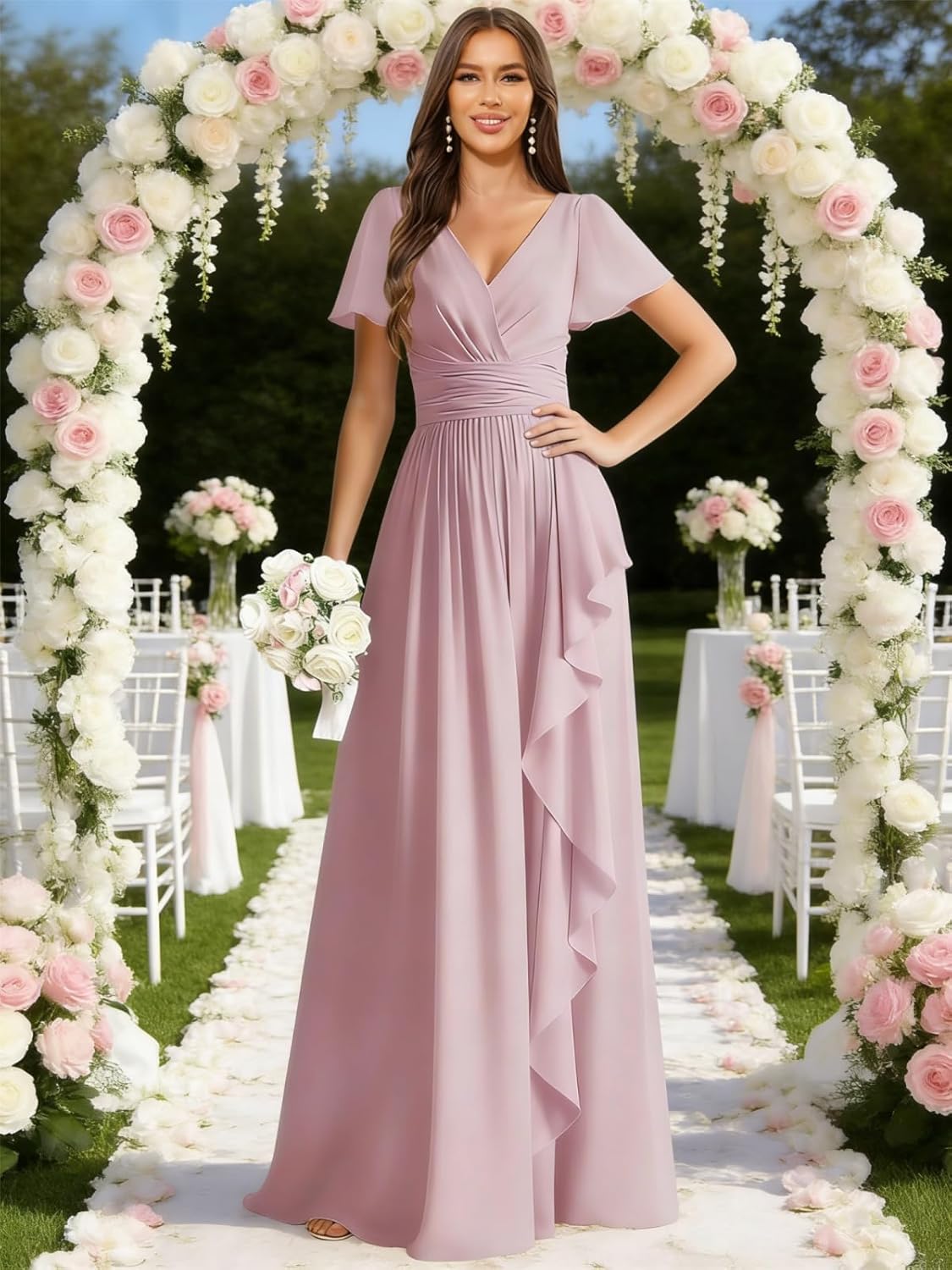 Short Sleeve Bridesmaid Dresses for Women Chiffon V Neck Pleated Long Formal Wedding Party Gowns with Ruffles