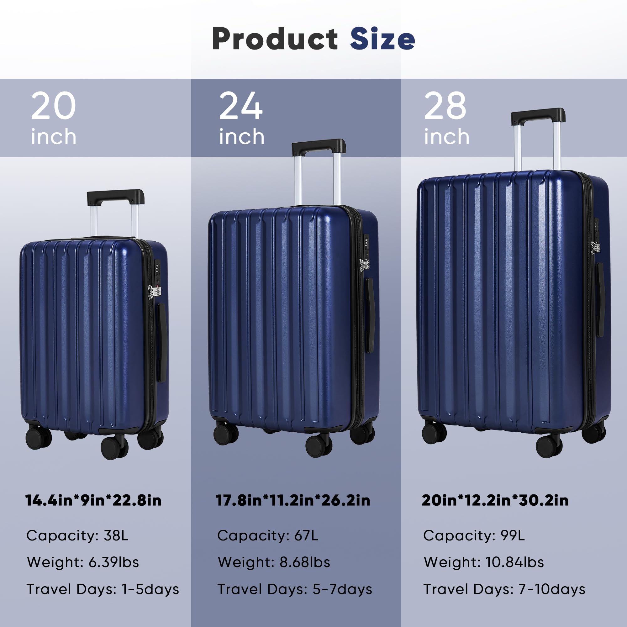SHOWKOO Set di Valigie Rigide 3 Pezzi 100% Policarbonato Bagaglio Leggero Espandibile Ultra Durevole Valigia Trolley da Viaggio con Serratura Approvata Dalla Tsa e 4 Ruote Doppie M+L+XL,Blu Scuro
