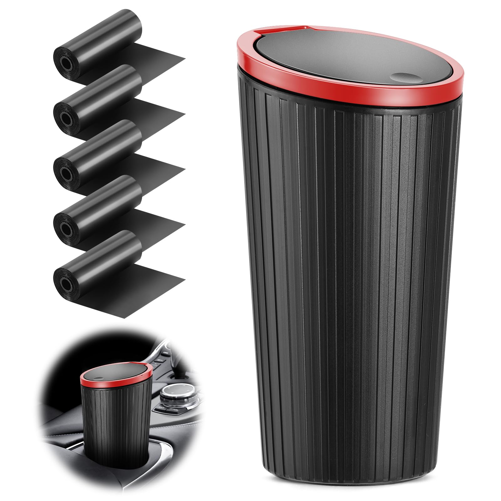 JSCARLIFE Mini Pattumiera Per Auto Con Coperchio A Scatto – Cestino Portaoggetti In Plastica Per Portabicchieri, Accessorio Per Interni Auto, Rosso - 3