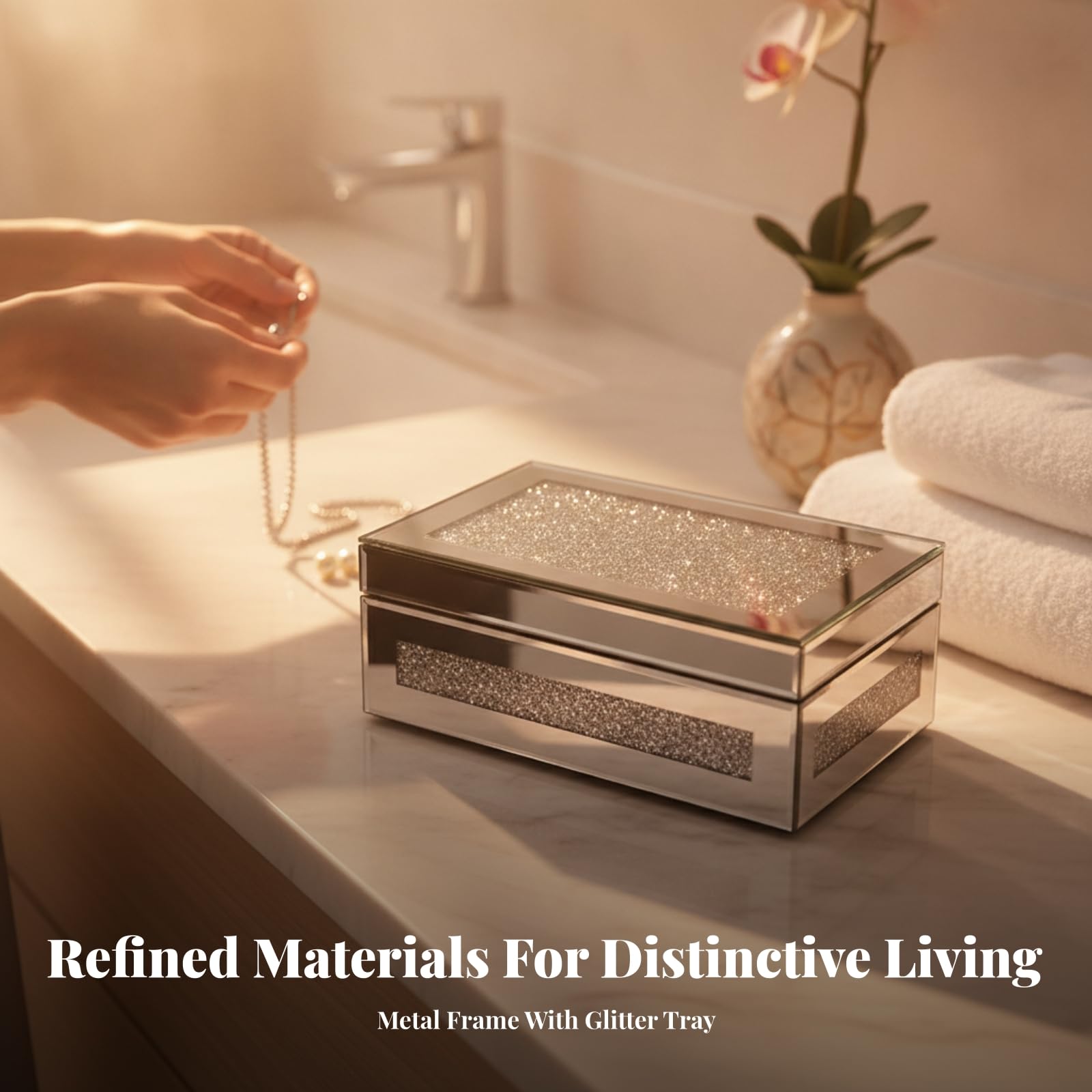 Joyero Mesa con Brillante | Protección la Oxidación, Caja Joyas con Espejo, Práctica, Organizador, para Tocador, Dormitorio, Mujeres, Oro