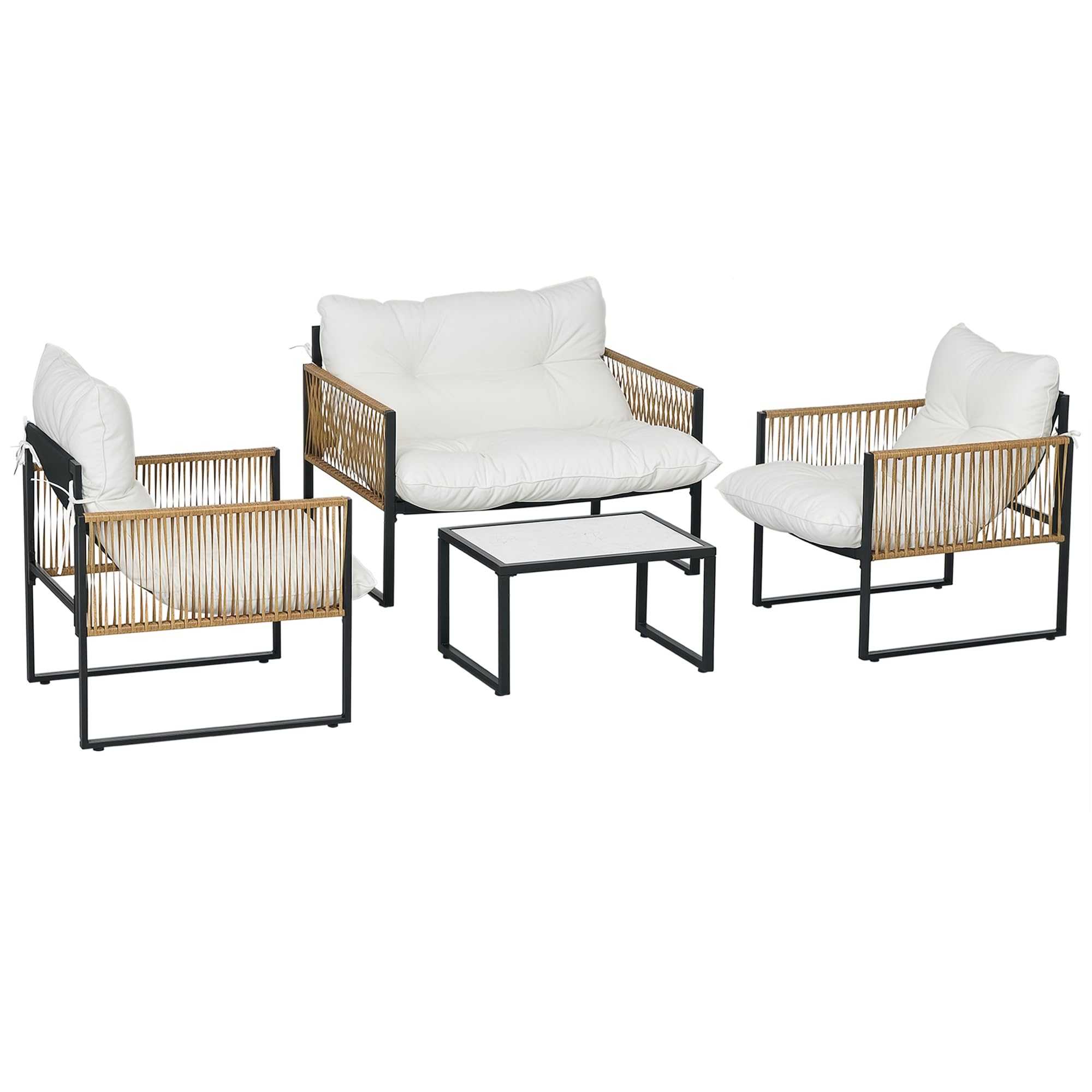 Outsunny Conjunto Jardín Exterior de Ratán, Muebles Jardín Exterior para 4 Piezas, Muebles Terraza con 1 Sofá de 2 Plazas, 2 Sillones, Cojines y 1 Mesa de Tablero de Vidrio, para Patio, Crema y Marrón