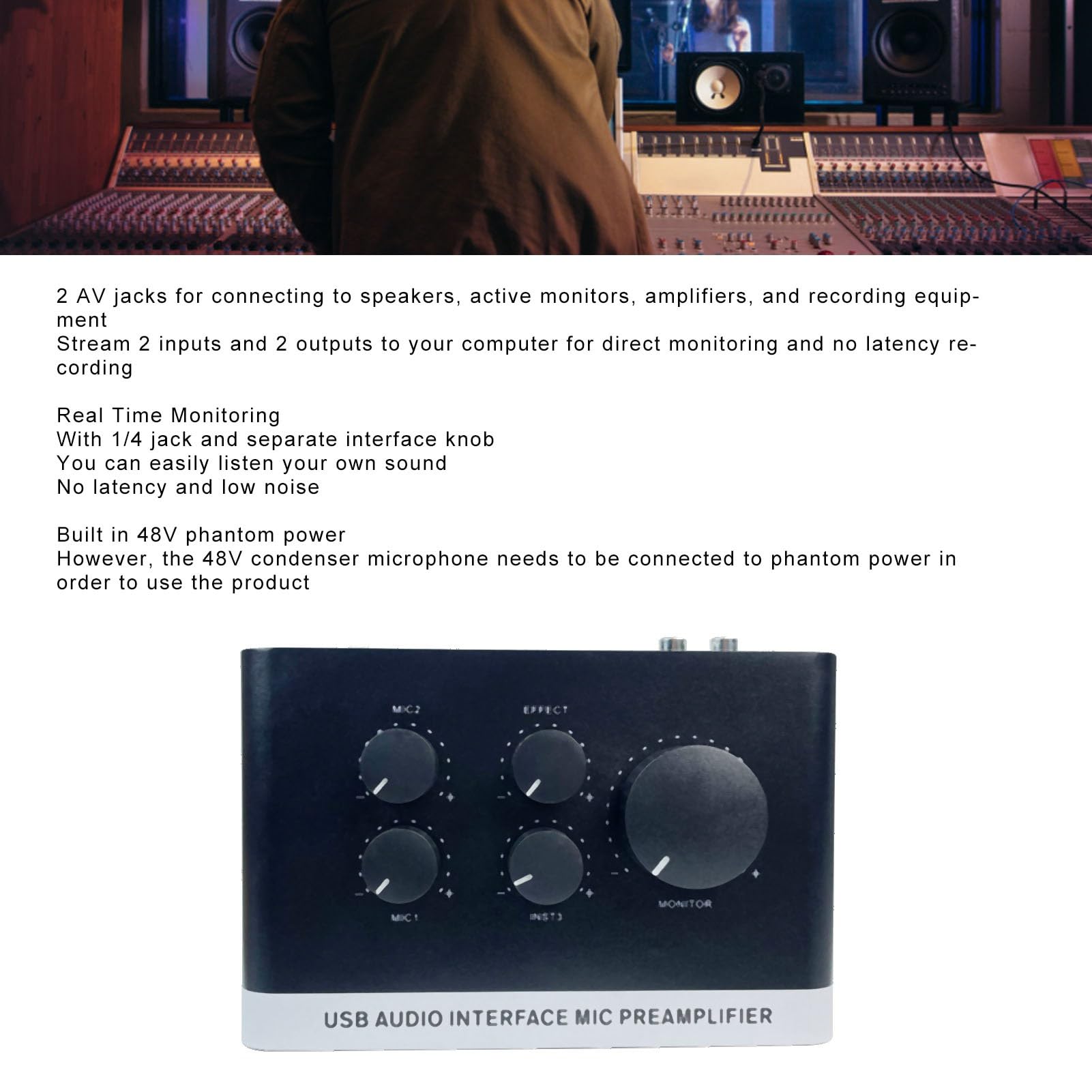 KIMISS Interfaz USB de Potencia de 48V para Podcasting de Grabación de PC y Transmisión de 2 en 2 Out Preamplificador de Mezclador de Sonido Profesional