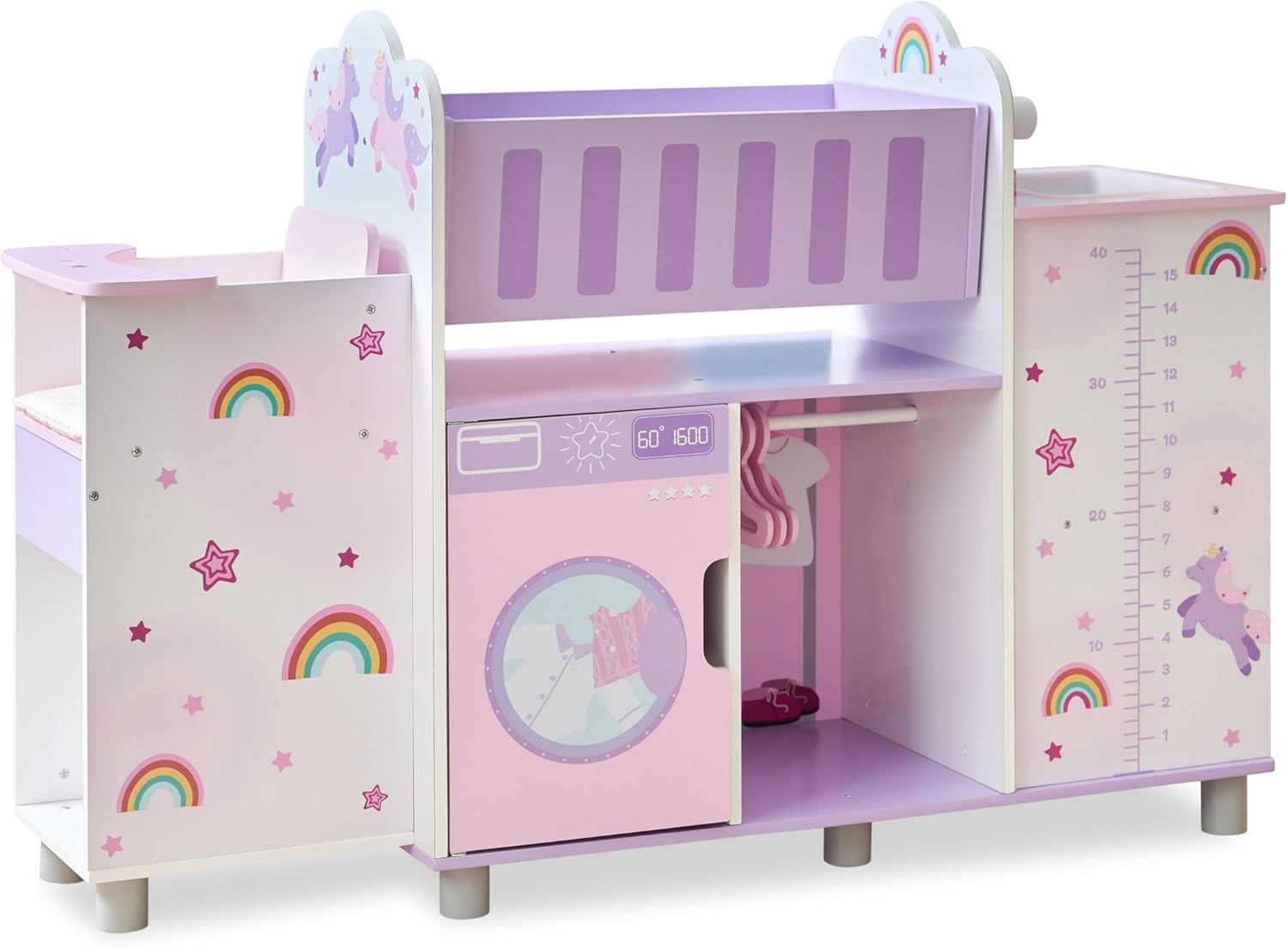 Olivia’s Little World Fantasy Care Doll Nursery 6-in-1 Unicorn Themed Baby Station with Cradle, Washer, High Chair, Sink & Closet with 3 Wooden Hangers for Pretend Play, for Girls Ages 3 and Up