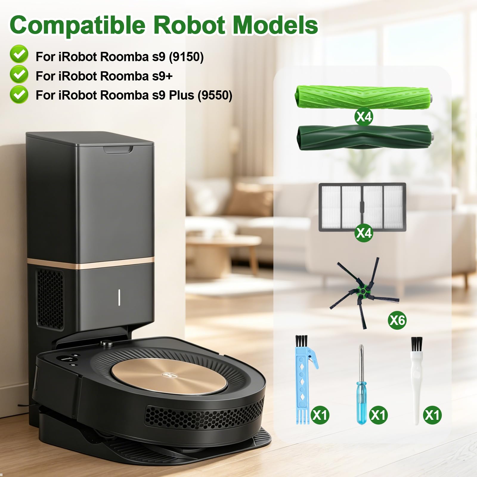 BSDY YQWRFEWYT Części zamienne pasują do iRobot Roomba s9 (9150) s9 + s9 Plus (9550) Zestawy robota odkurzającego Wi-Fi (2 gumowe szczotki, 4 filtry 6 szczotek bocznych)